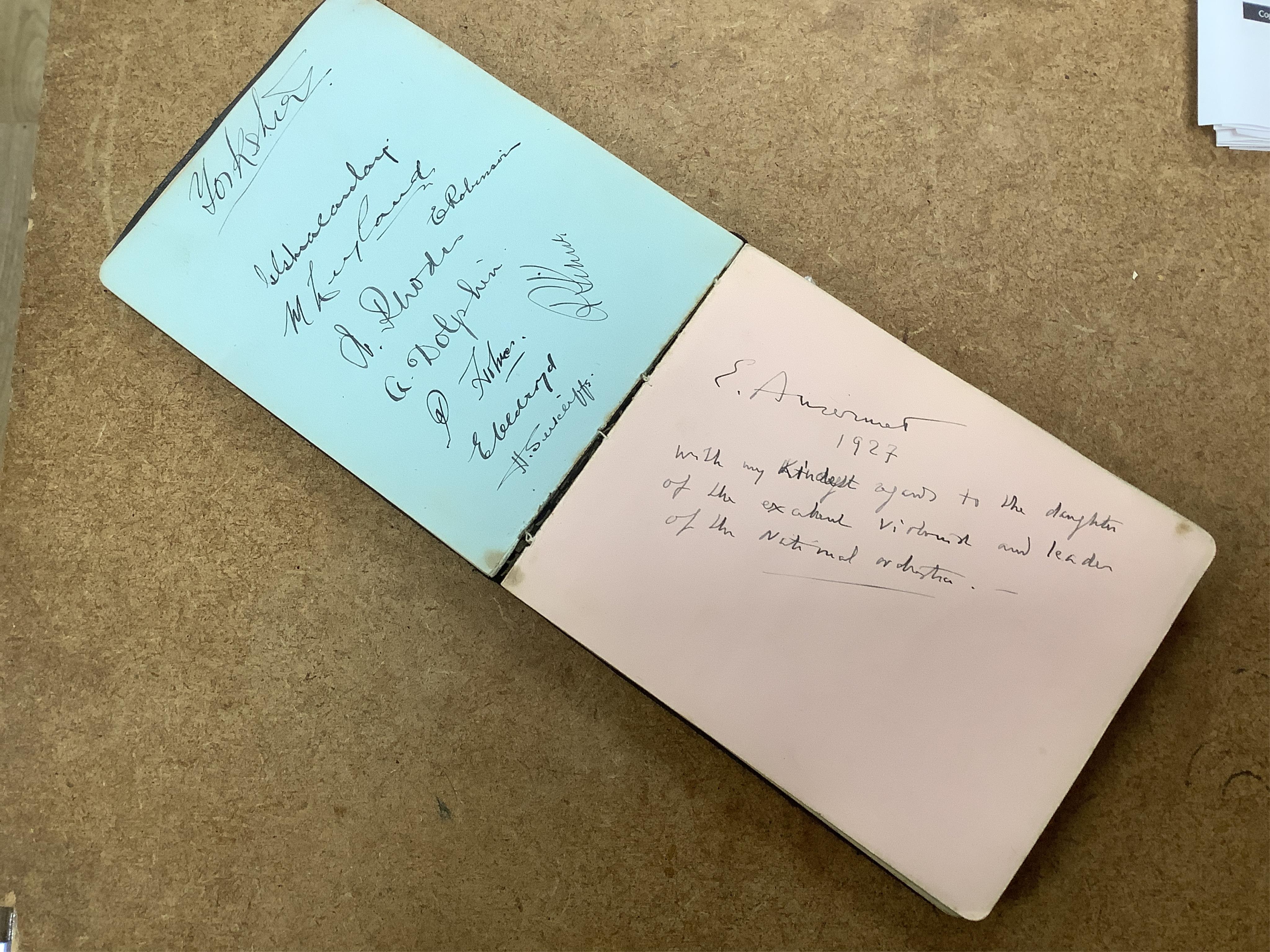 A mid 1920s autograph album containing signatures from the world of classical music, collected by Joan Wynn Reeves, daughter of the violinist and conductor Herbert Wynn Reeves, including a hand written letter from Sir Ed
